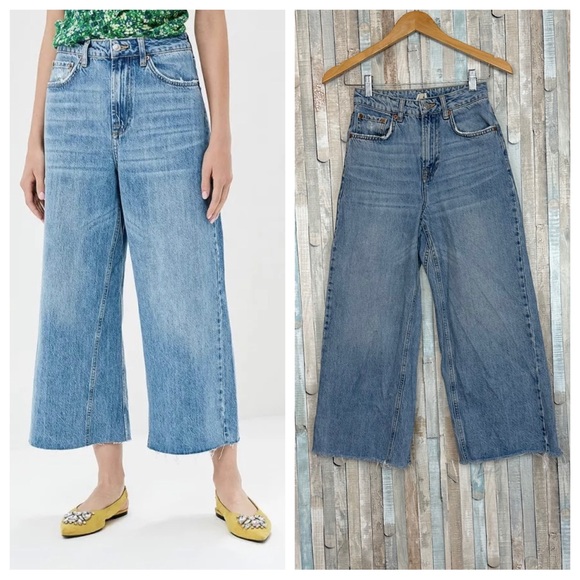 Topshop Denim - Topshop 26 High Rise Waist Wide Crop Leg Raw Hem Moto Jeans 100% Cotton Retro